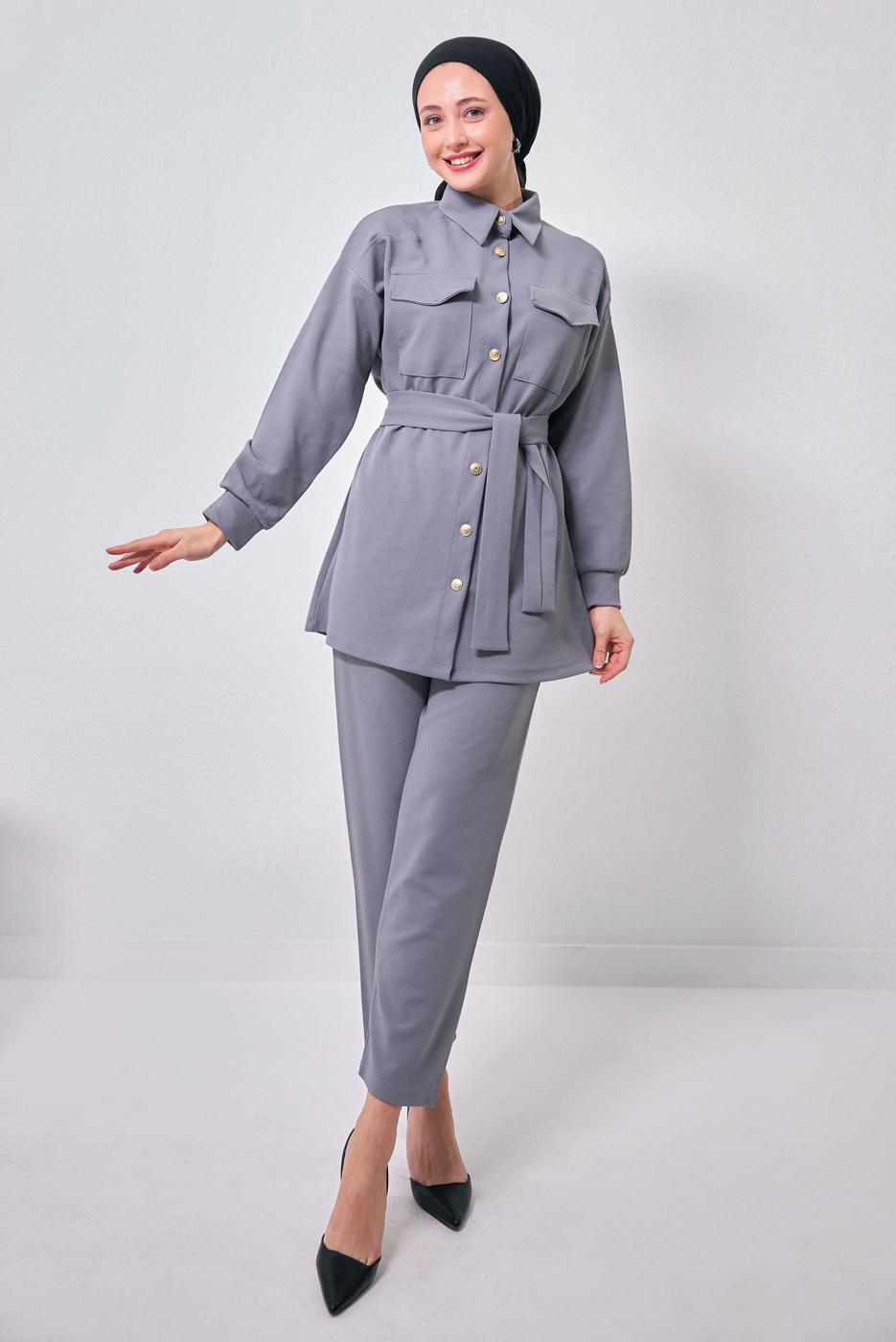Tesettür giyim GRİ GÖMLEK YAKA PANTOLONLU TAKIM T 1353