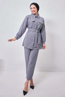 Tesettür giyim GRİ GÖMLEK YAKA PANTOLONLU TAKIM T 1353