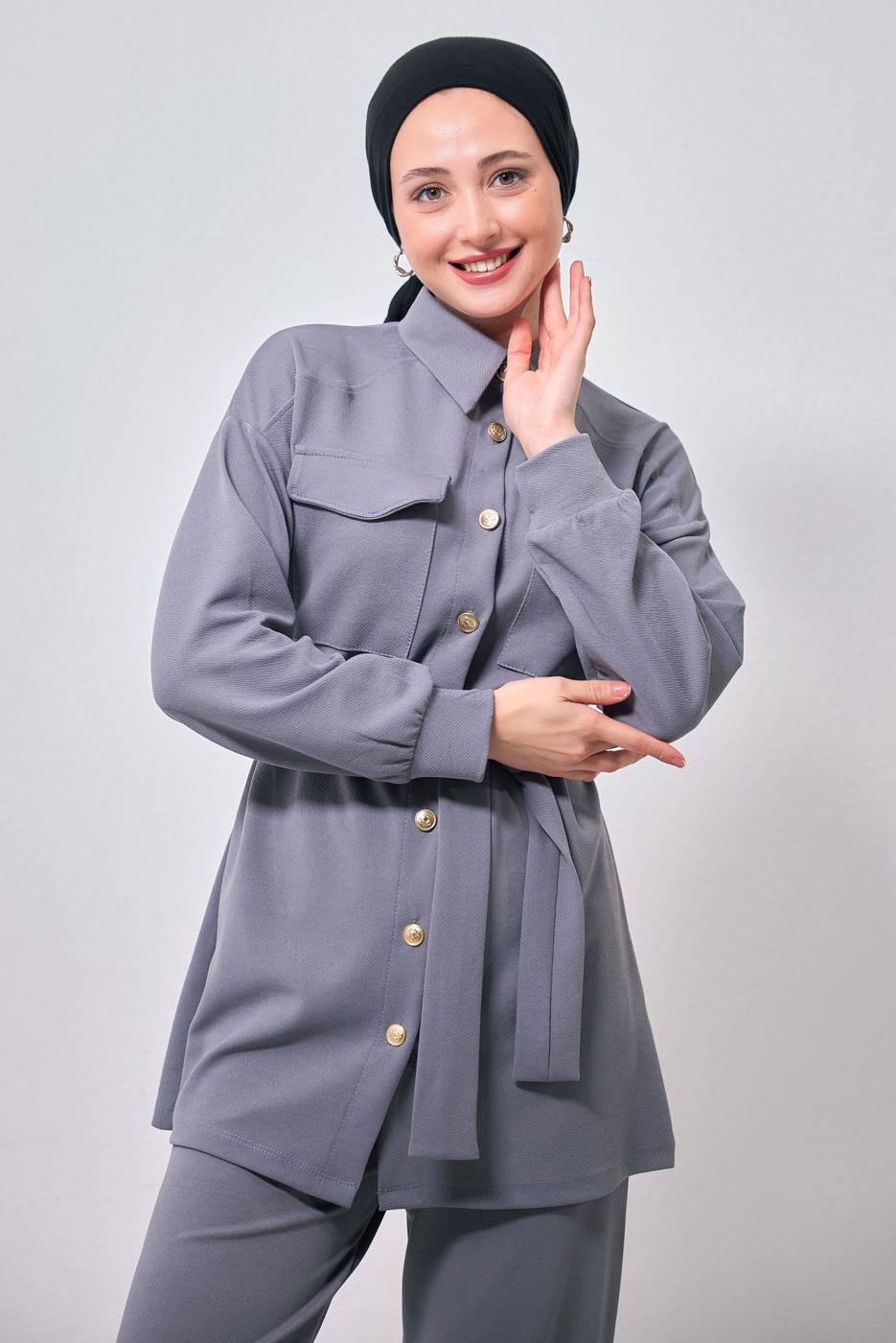 Tesettür giyim GRİ GÖMLEK YAKA PANTOLONLU TAKIM T 1353