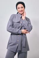 Tesettür giyim GRİ GÖMLEK YAKA PANTOLONLU TAKIM T 1353