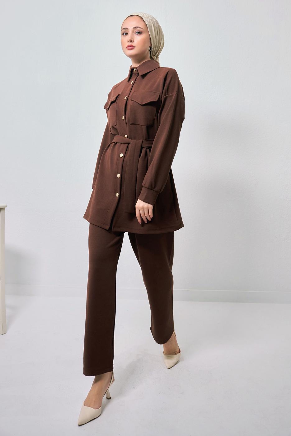 Tesettür giyim KAHVE GÖMLEK YAKA PANTOLONLU TAKIM T 1353