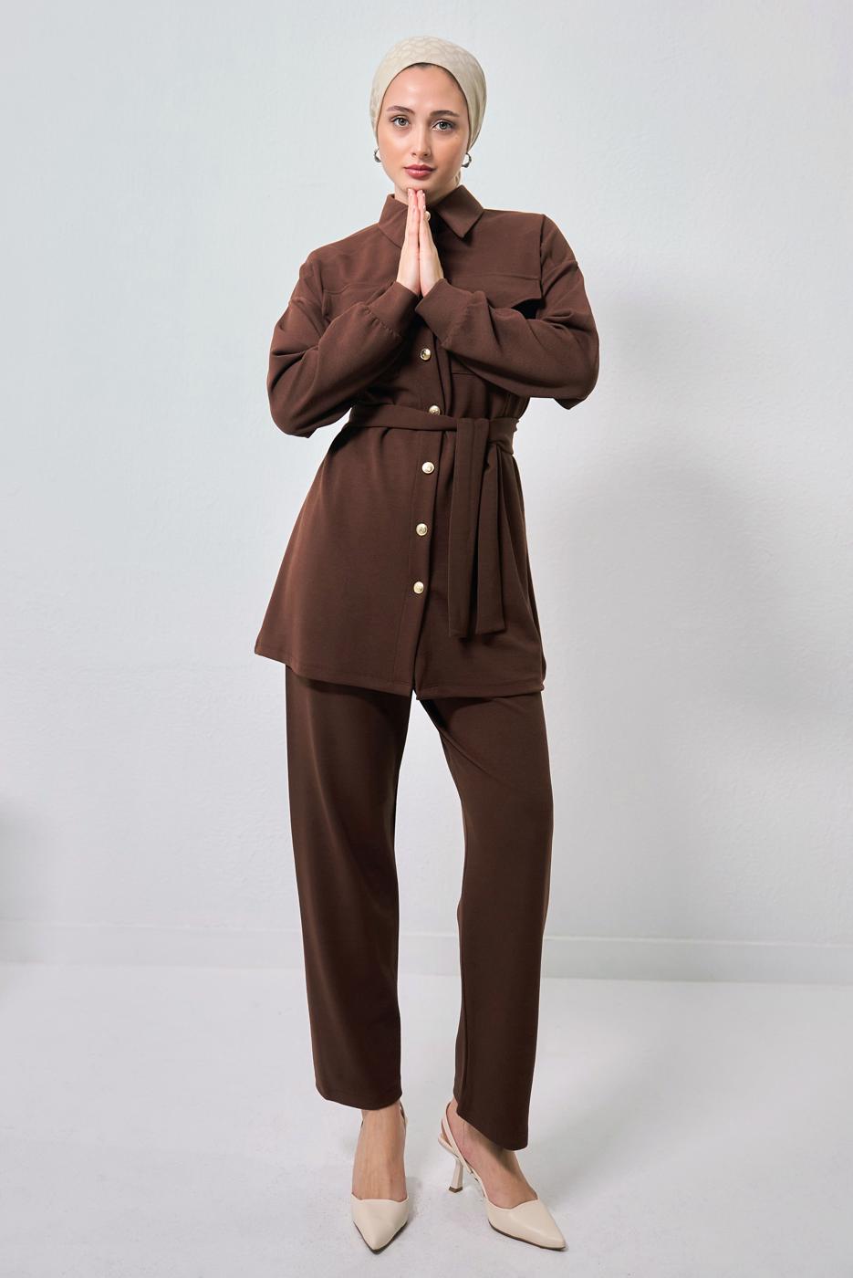 Tesettür giyim KAHVE GÖMLEK YAKA PANTOLONLU TAKIM T 1353