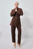 Tesettür giyim KAHVE GÖMLEK YAKA PANTOLONLU TAKIM T 1353