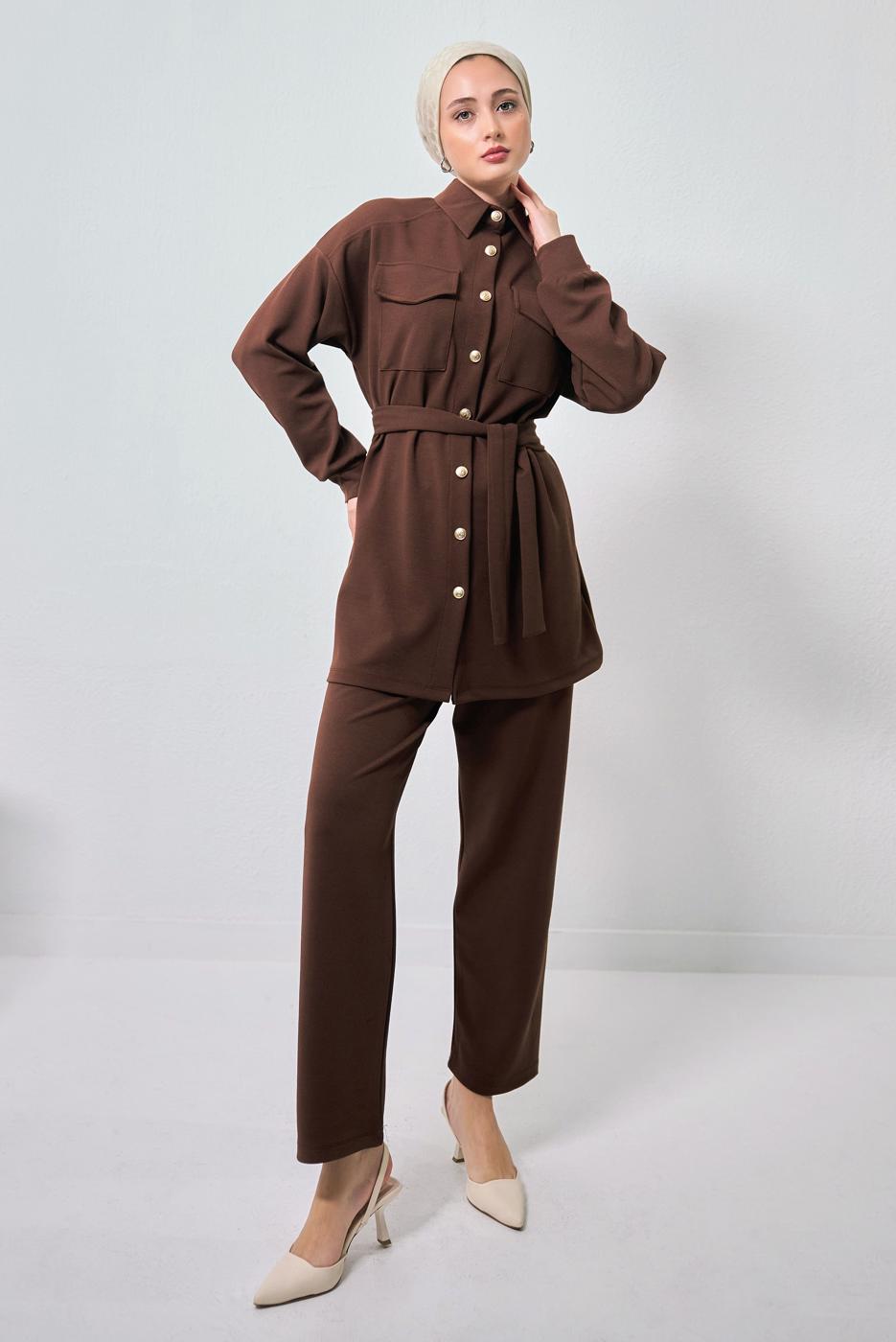 Tesettür giyim KAHVE GÖMLEK YAKA PANTOLONLU TAKIM T 1353