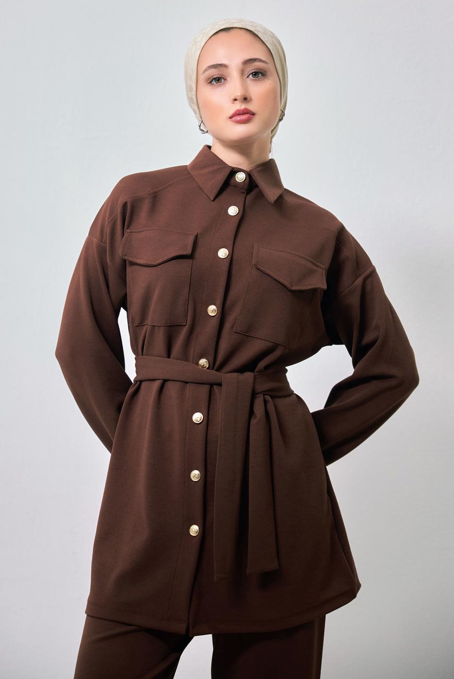 Tesettür giyim KAHVE GÖMLEK YAKA PANTOLONLU TAKIM T 1353