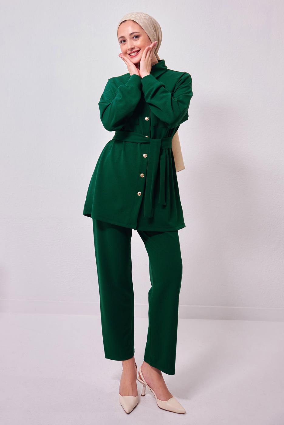 Tesettür giyim YEŞİL GÖMLEK YAKA PANTOLONLU TAKIM T 1353