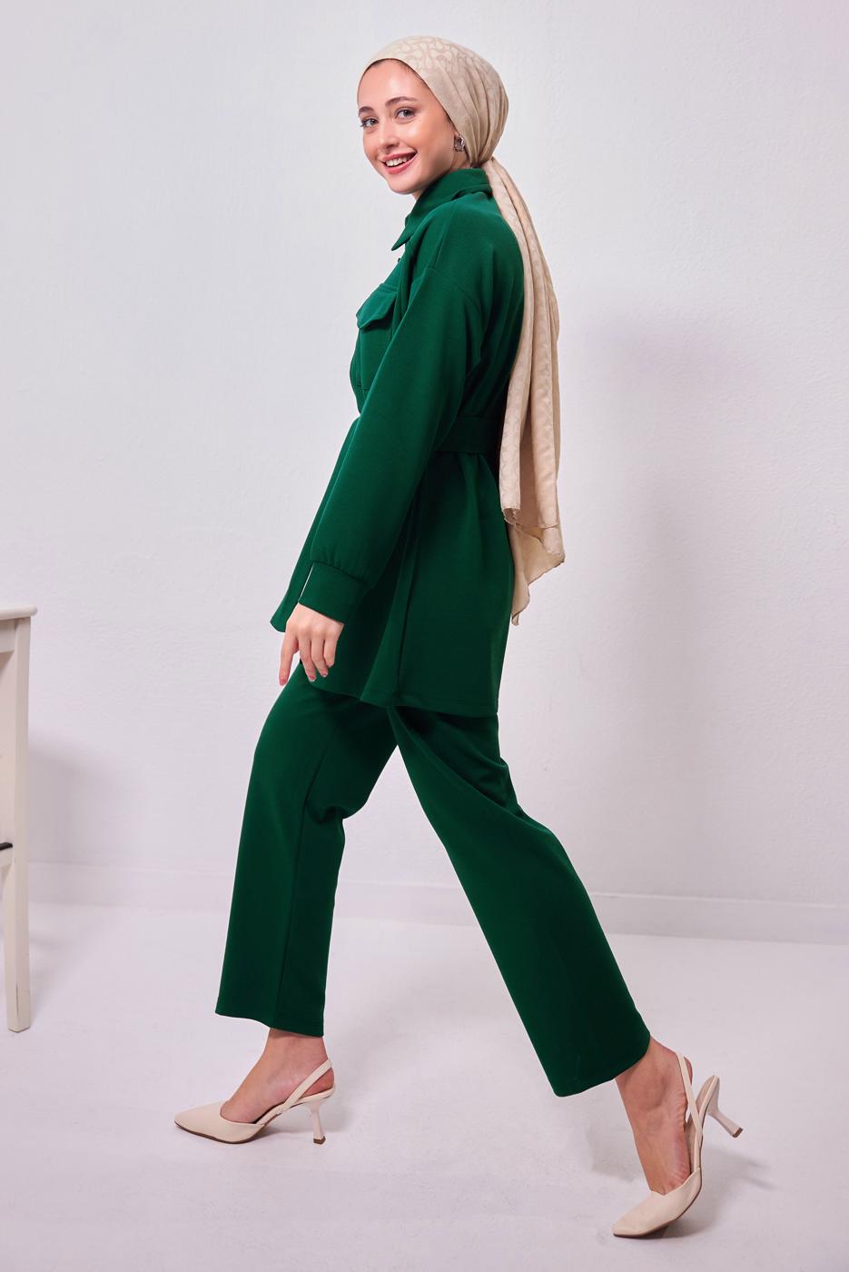 Tesettür giyim YEŞİL GÖMLEK YAKA PANTOLONLU TAKIM T 1353