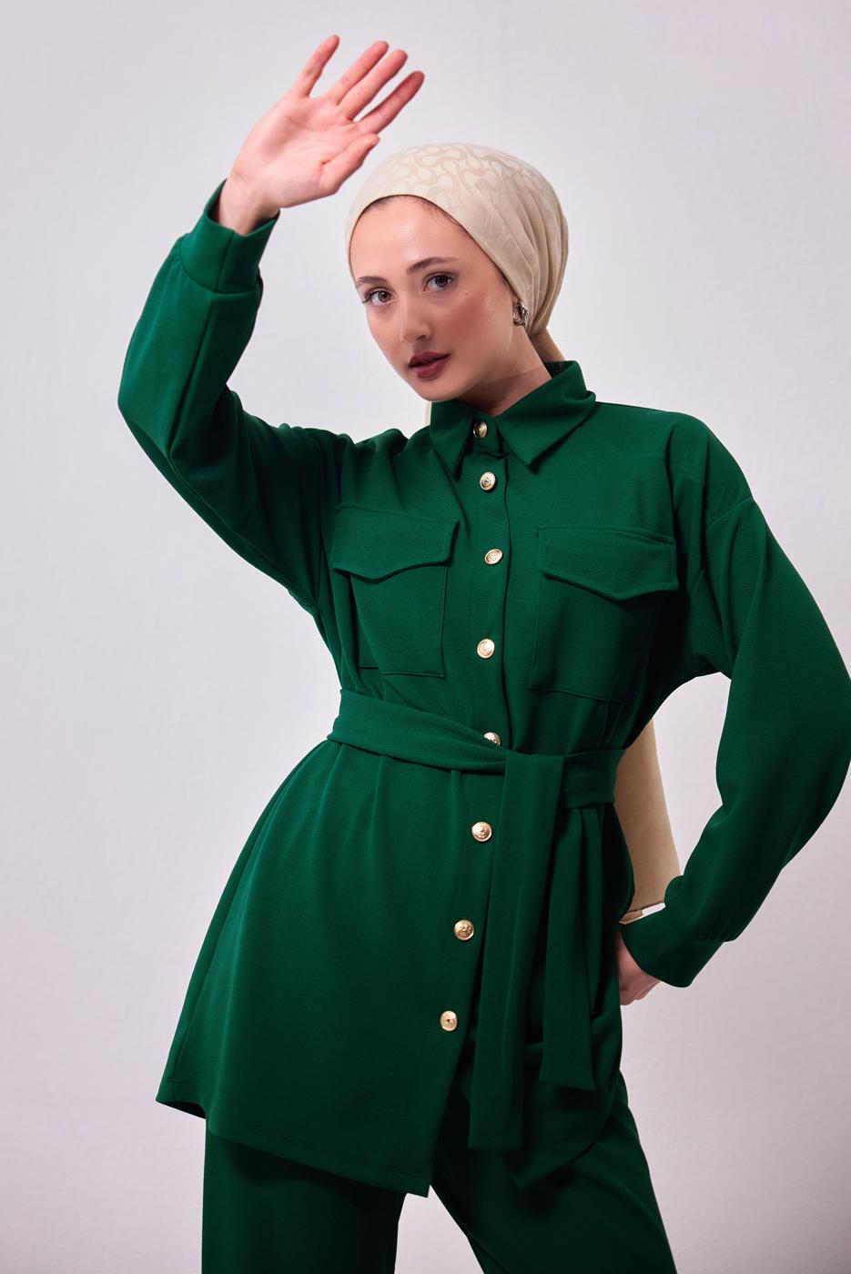 Tesettür giyim YEŞİL GÖMLEK YAKA PANTOLONLU TAKIM T 1353