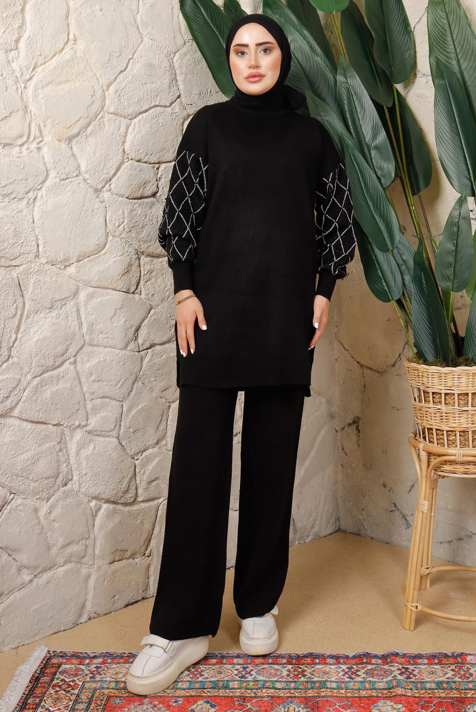 Tesettür giyim SİYAH KOLU BONCUK DETAYLI PANTOLONLU TRİKO TAKIM T 1408