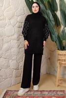 Tesettür giyim SİYAH KOLU BONCUK DETAYLI PANTOLONLU TRİKO TAKIM T 1408