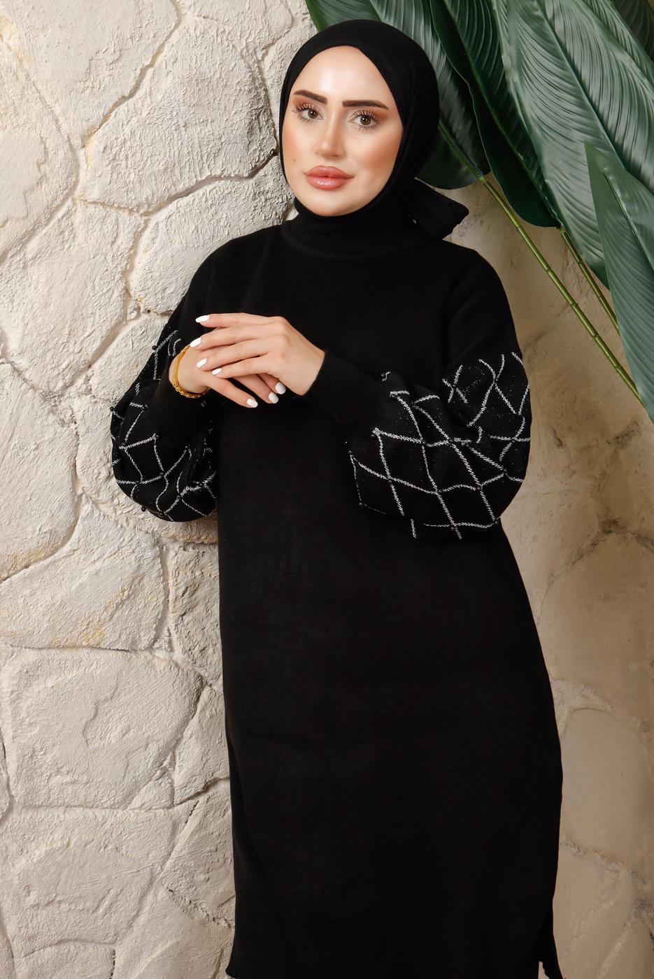 Tesettür giyim SİYAH KOLU BONCUK DETAYLI PANTOLONLU TRİKO TAKIM T 1408