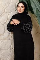 Tesettür giyim SİYAH KOLU BONCUK DETAYLI PANTOLONLU TRİKO TAKIM T 1408