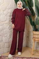 Tesettür giyim BORDO KOLU BONCUK DETAYLI PANTOLONLU TRİKO TAKIM T 1408