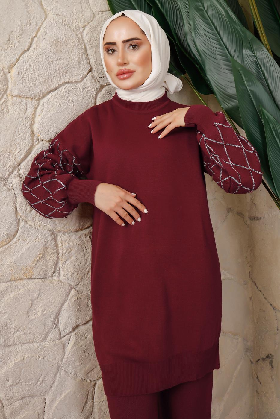 Tesettür giyim BORDO KOLU BONCUK DETAYLI PANTOLONLU TRİKO TAKIM T 1408