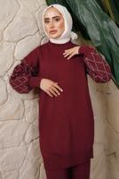 Tesettür giyim BORDO KOLU BONCUK DETAYLI PANTOLONLU TRİKO TAKIM T 1408