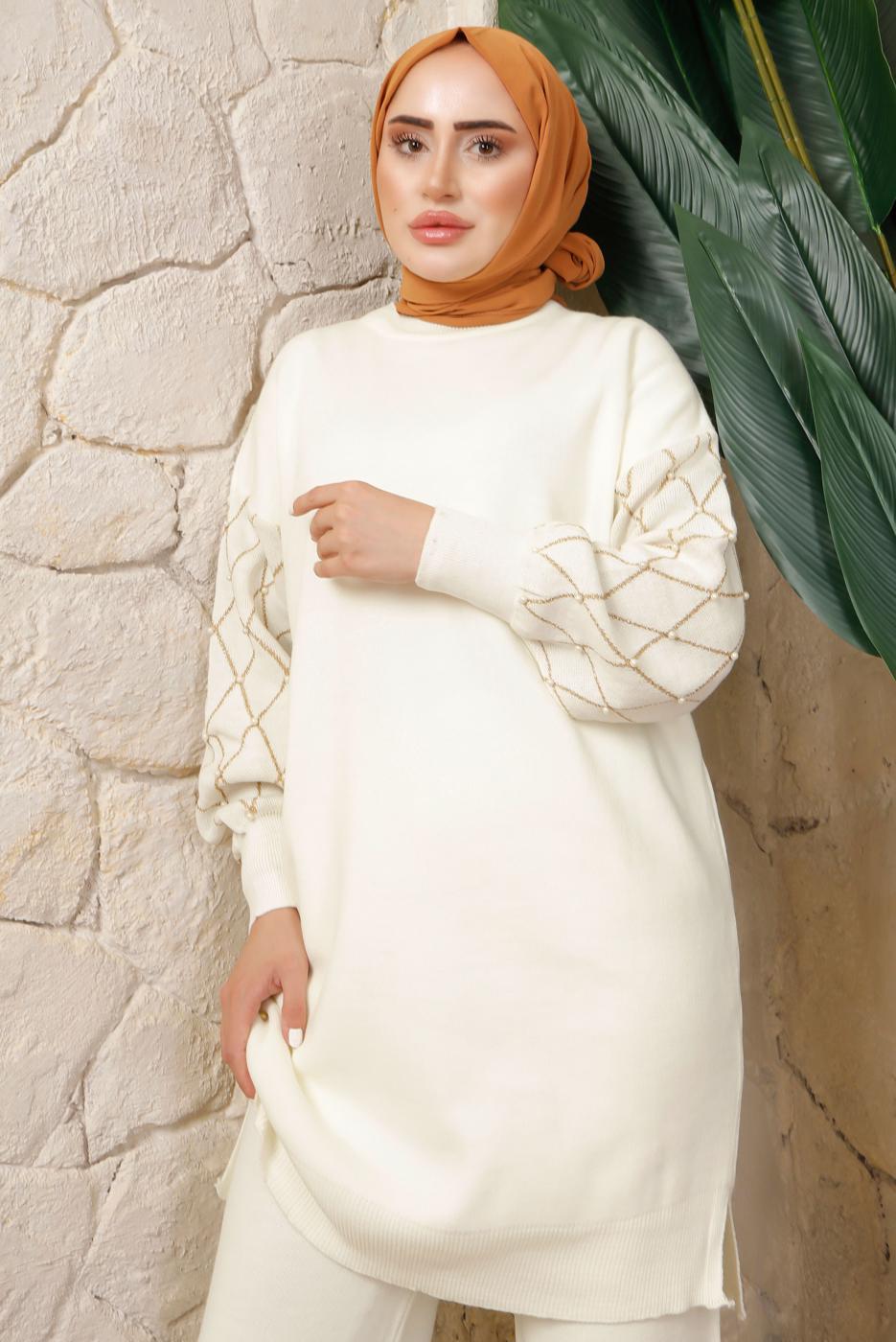 Tesettür giyim EKRU KOLU BONCUK DETAYLI PANTOLONLU TRİKO TAKIM T 1408