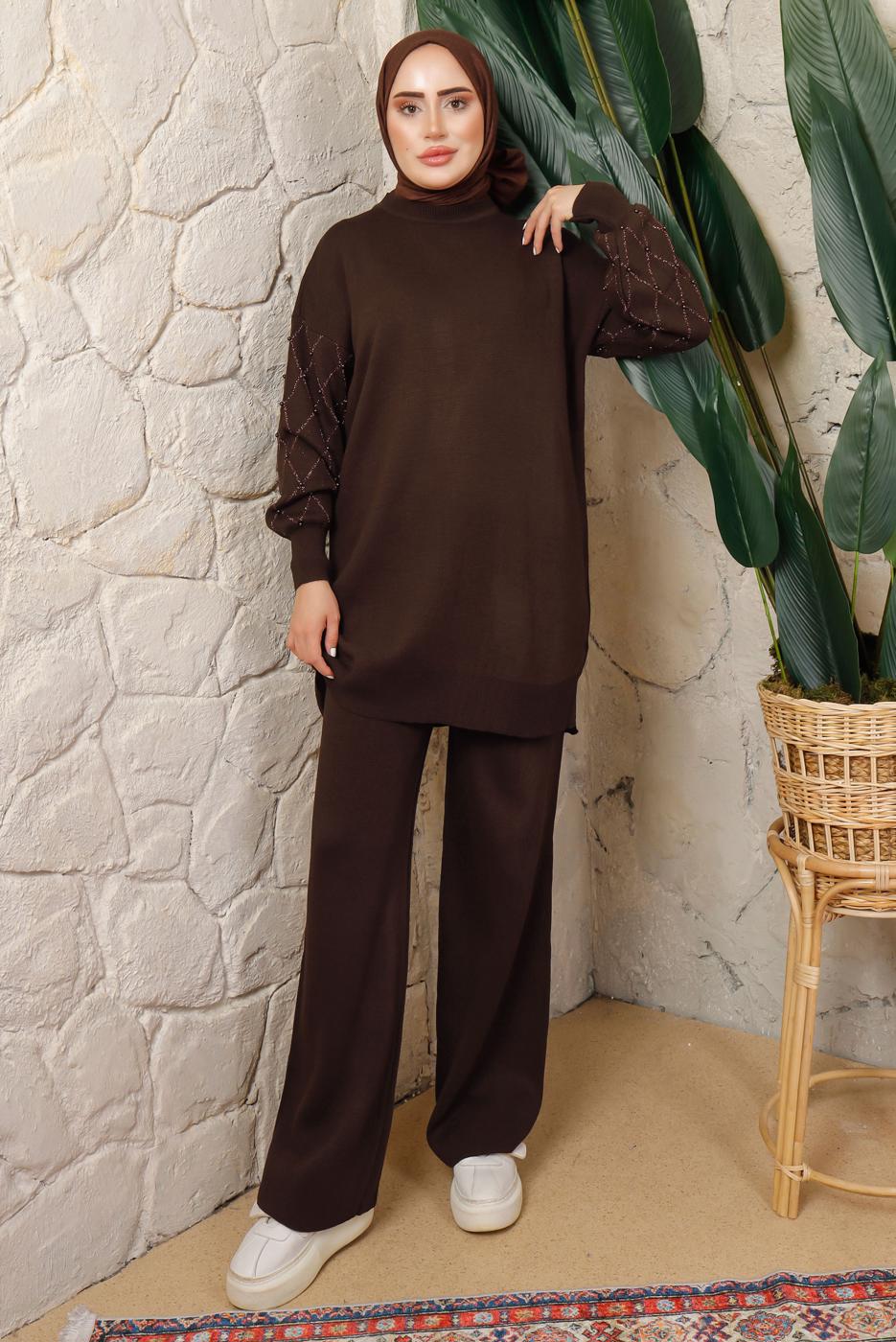 Tesettür giyim KAHVE KOLU BONCUK DETAYLI PANTOLONLU TRİKO TAKIM T 1408