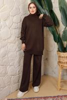 Tesettür giyim KAHVE KOLU BONCUK DETAYLI PANTOLONLU TRİKO TAKIM T 1408