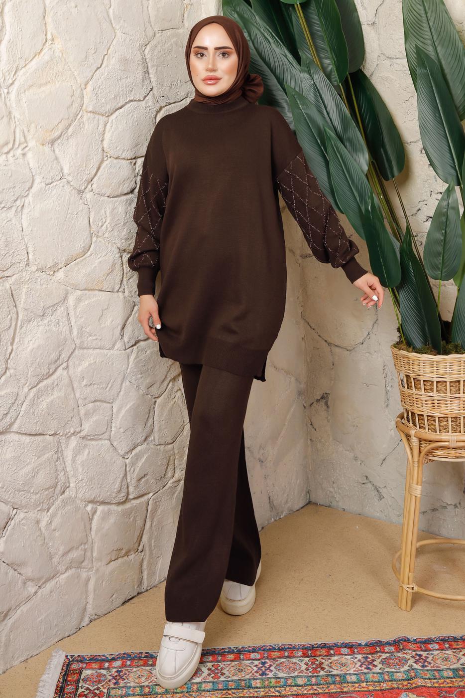 Tesettür giyim KAHVE KOLU BONCUK DETAYLI PANTOLONLU TRİKO TAKIM T 1408