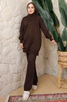 Tesettür giyim KAHVE KOLU BONCUK DETAYLI PANTOLONLU TRİKO TAKIM T 1408