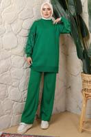 Tesettür giyim YEŞİL KOLU BONCUK DETAYLI PANTOLONLU TRİKO TAKIM T 1408