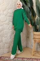 Tesettür giyim YEŞİL KOLU BONCUK DETAYLI PANTOLONLU TRİKO TAKIM T 1408