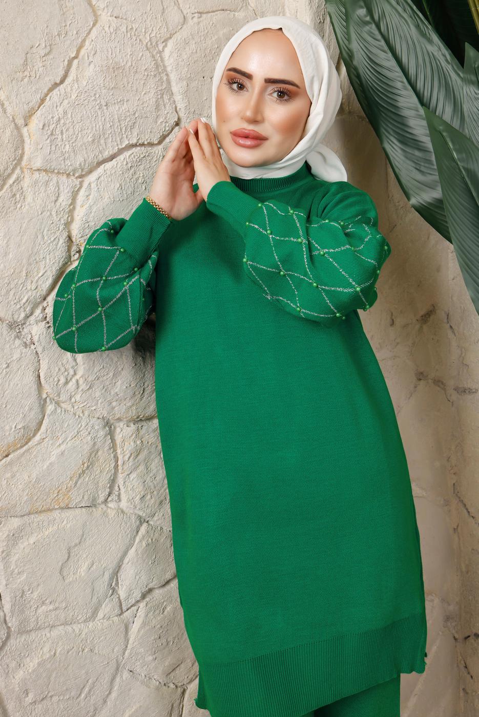 Tesettür giyim YEŞİL KOLU BONCUK DETAYLI PANTOLONLU TRİKO TAKIM T 1408