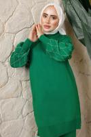 Tesettür giyim YEŞİL KOLU BONCUK DETAYLI PANTOLONLU TRİKO TAKIM T 1408