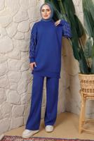 Tesettür giyim LACİVERT KOLU BONCUK DETAYLI PANTOLONLU TRİKO TAKIM T 1408