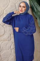 Tesettür giyim LACİVERT KOLU BONCUK DETAYLI PANTOLONLU TRİKO TAKIM T 1408