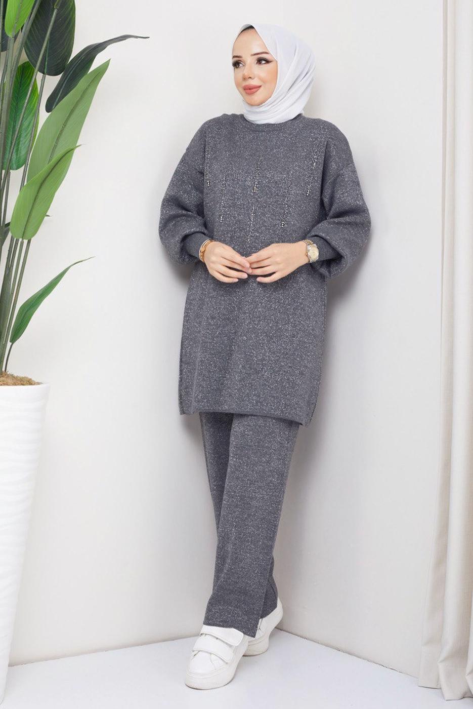Tesettür giyim GRİ PANTOLONLU TRİKO TAKIM T 14421