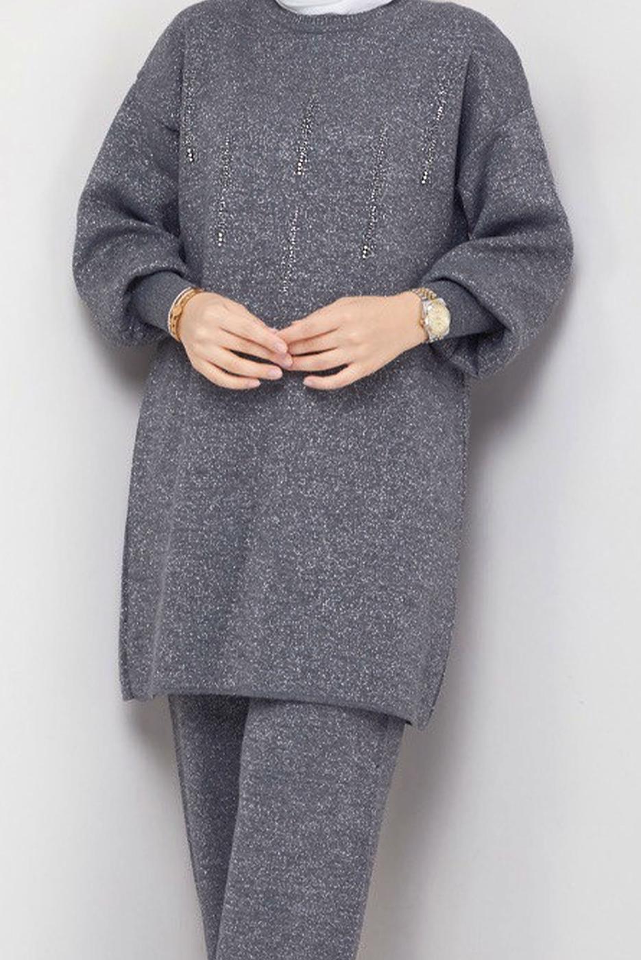 Tesettür giyim GRİ PANTOLONLU TRİKO TAKIM T 14421