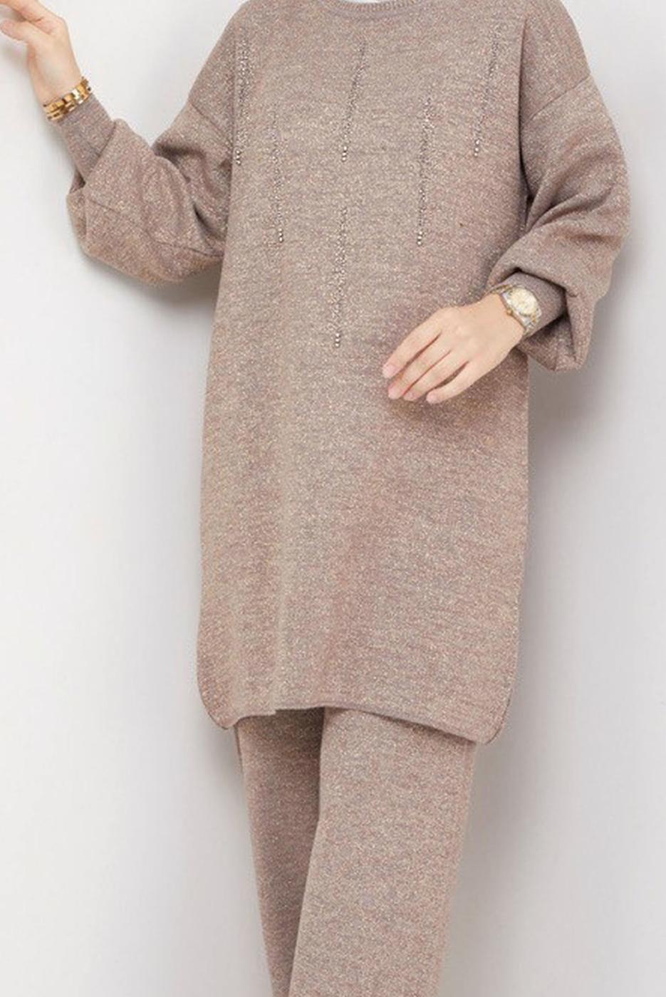 Tesettür giyim VİZON PANTOLONLU TRİKO TAKIM T 14421