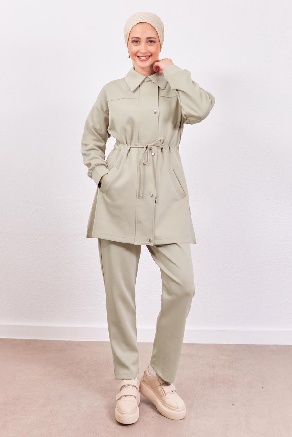 Tesettür giyim BEJ PANTOLONLU SCUBA TAKIM T 1453