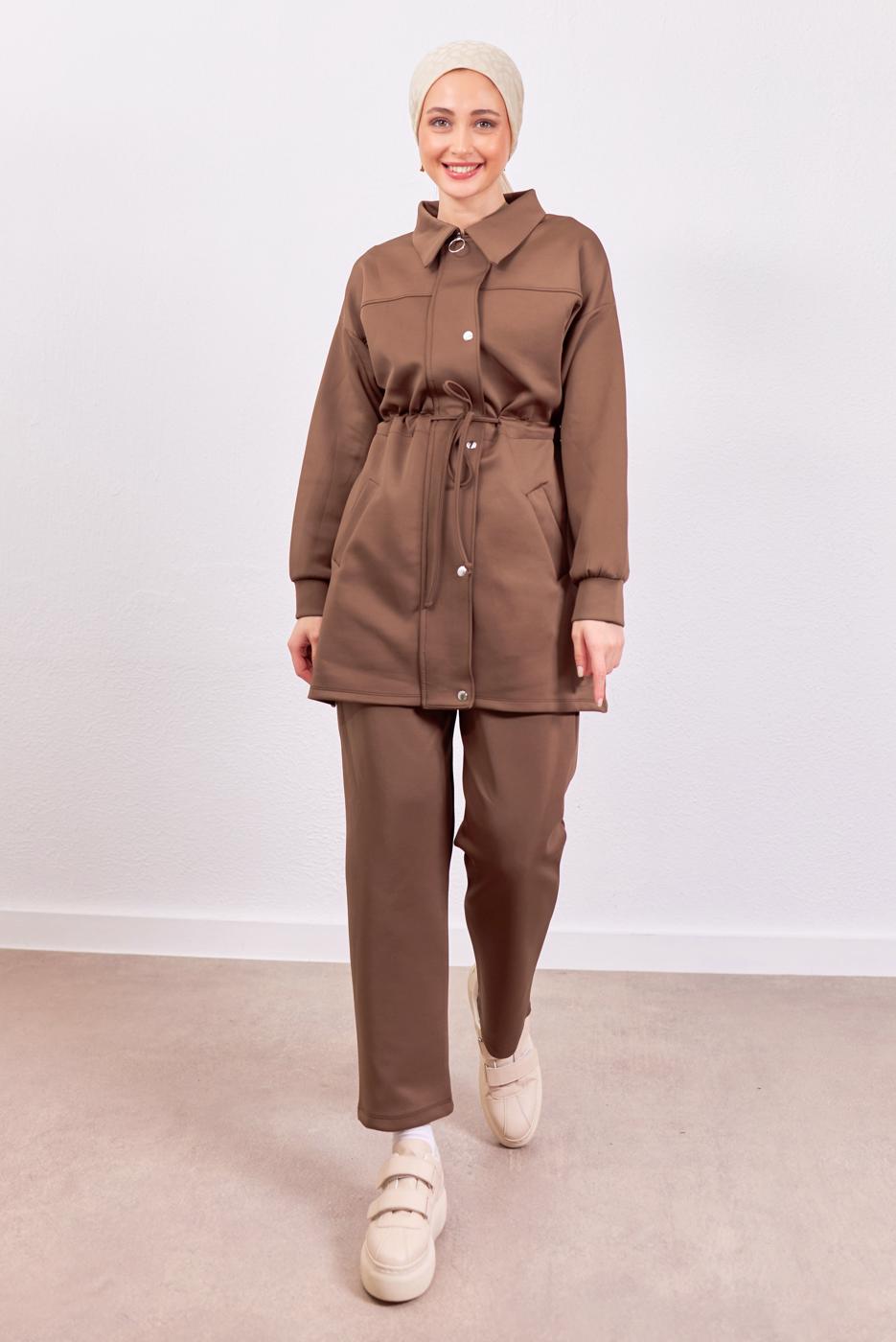 Tesettür giyim KAHVE PANTOLONLU SCUBA TAKIM T 1453