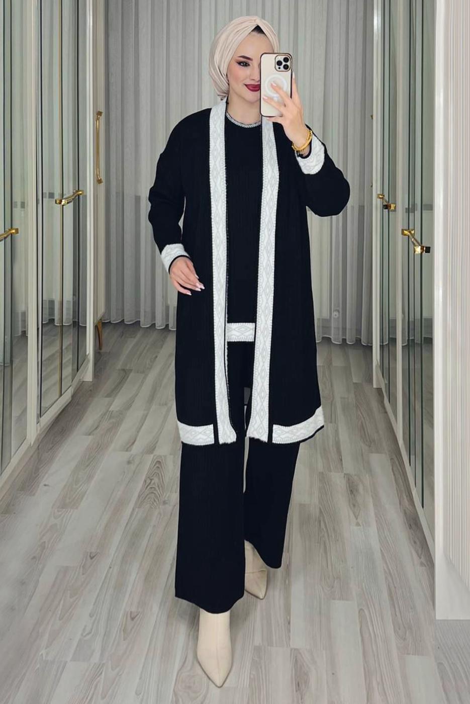Tesettür giyim SİYAH ÜÇLÜ PANTOLONLU TRİKO TAKIM T 1588