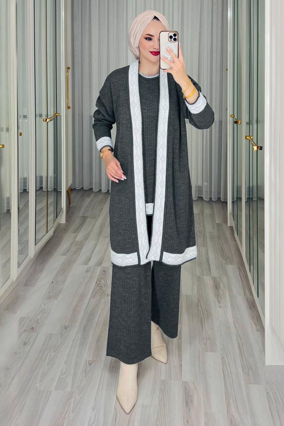 Tesettür giyim GRİ ÜÇLÜ PANTOLONLU TRİKO TAKIM T 1588