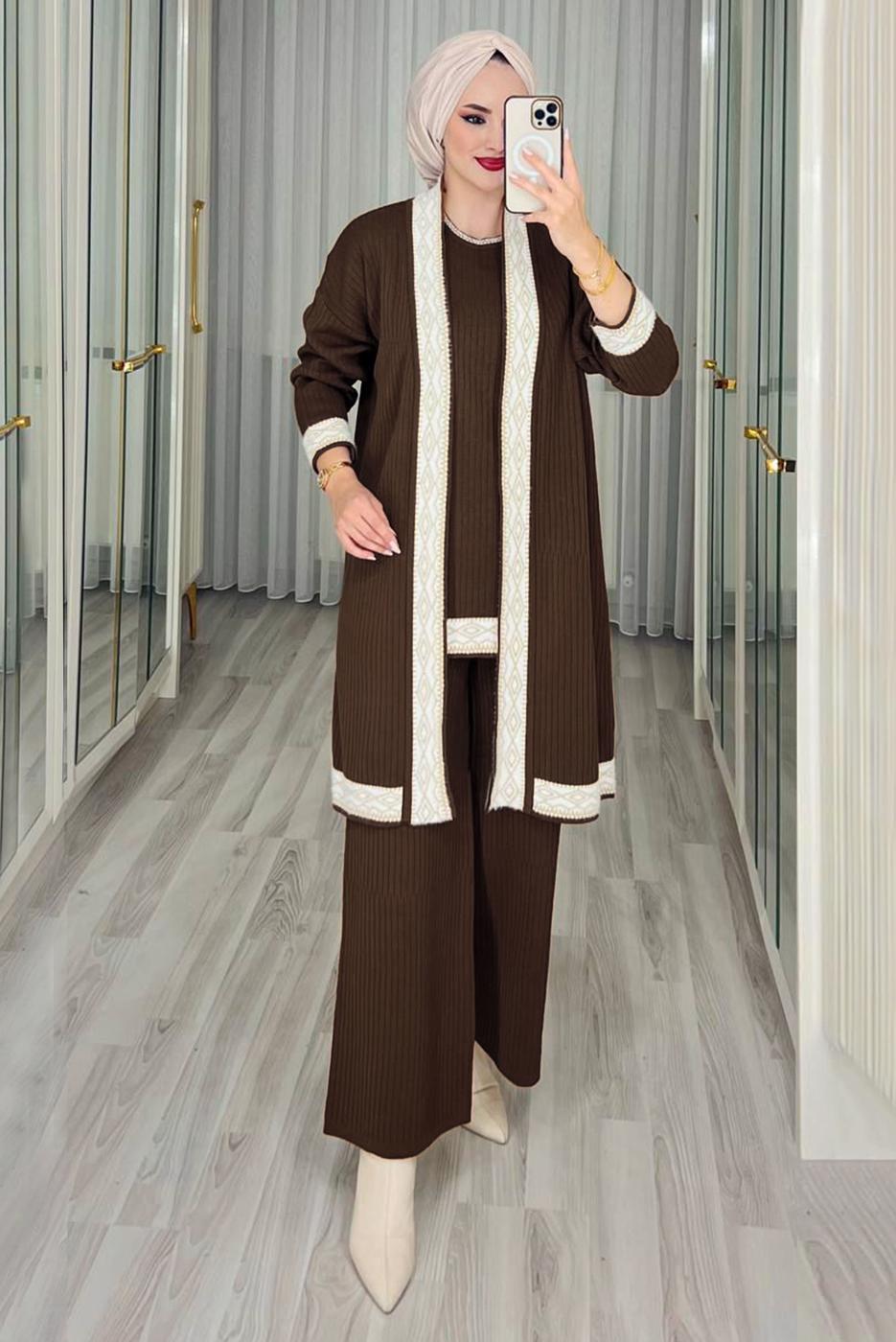 Tesettür giyim KAHVE ÜÇLÜ PANTOLONLU TRİKO TAKIM T 1588