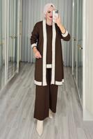 Tesettür giyim KAHVE ÜÇLÜ PANTOLONLU TRİKO TAKIM T 1588