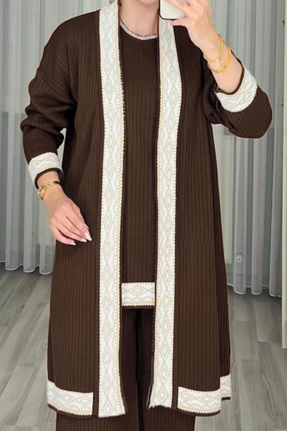 Tesettür giyim KAHVE ÜÇLÜ PANTOLONLU TRİKO TAKIM T 1588