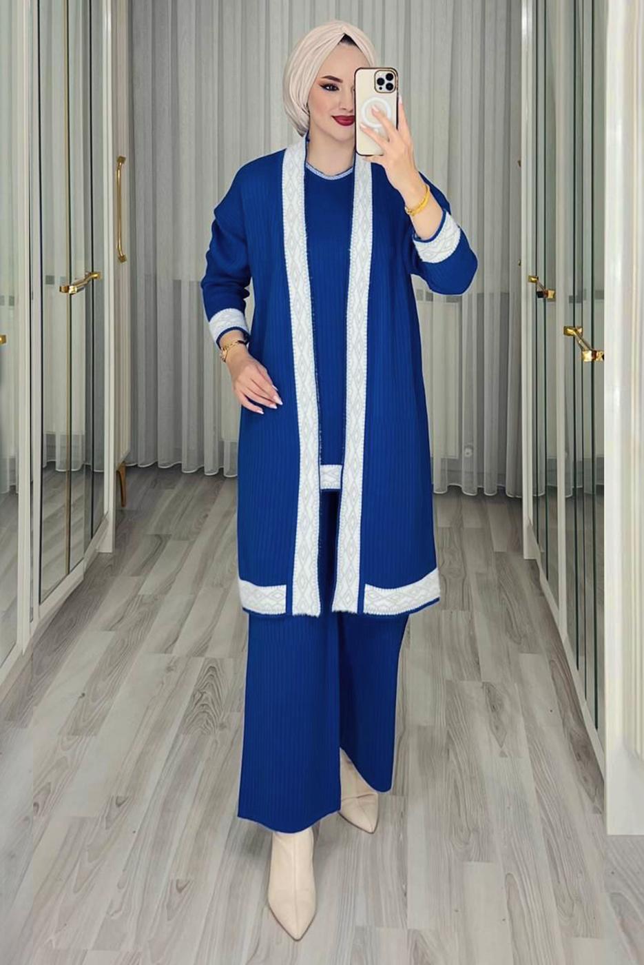 Tesettür giyim LACİVERT ÜÇLÜ PANTOLONLU TRİKO TAKIM T 1588