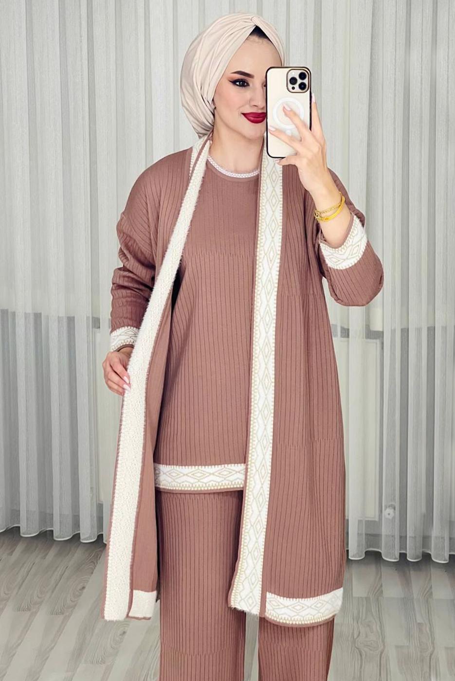 Tesettür giyim PEMBE ÜÇLÜ PANTOLONLU TRİKO TAKIM T 1588