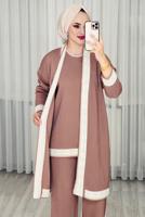 Tesettür giyim PEMBE ÜÇLÜ PANTOLONLU TRİKO TAKIM T 1588