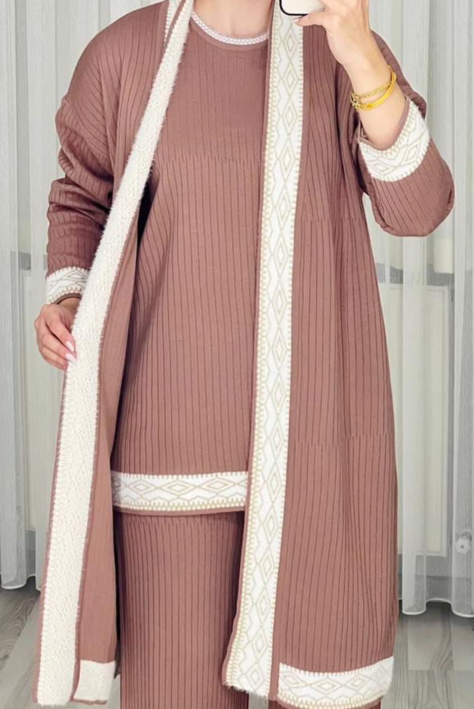 Tesettür giyim PEMBE ÜÇLÜ PANTOLONLU TRİKO TAKIM T 1588