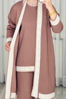 Tesettür giyim PEMBE ÜÇLÜ PANTOLONLU TRİKO TAKIM T 1588