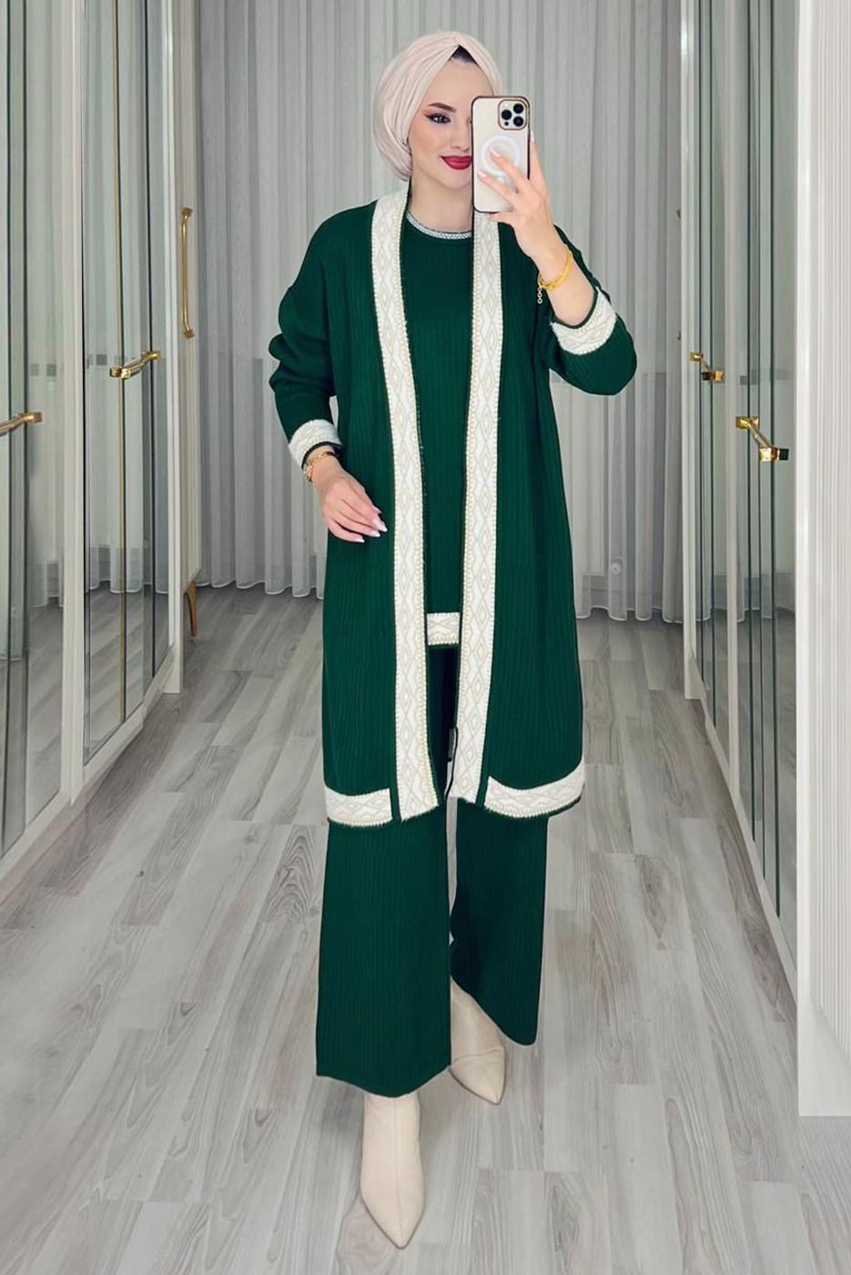 Tesettür giyim YEŞİL ÜÇLÜ PANTOLONLU TRİKO TAKIM T 1588