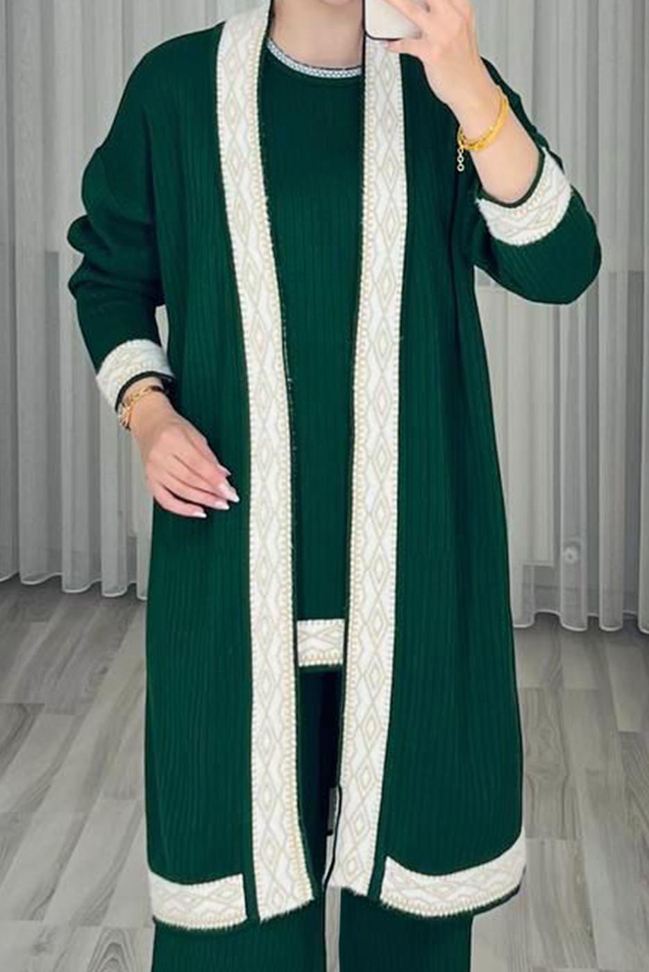 Tesettür giyim YEŞİL ÜÇLÜ PANTOLONLU TRİKO TAKIM T 1588