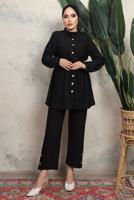 Tesettür giyim SİYAH KUŞAKLI ÇİZGİLİ PANTOLONLU TAKIM T 1643