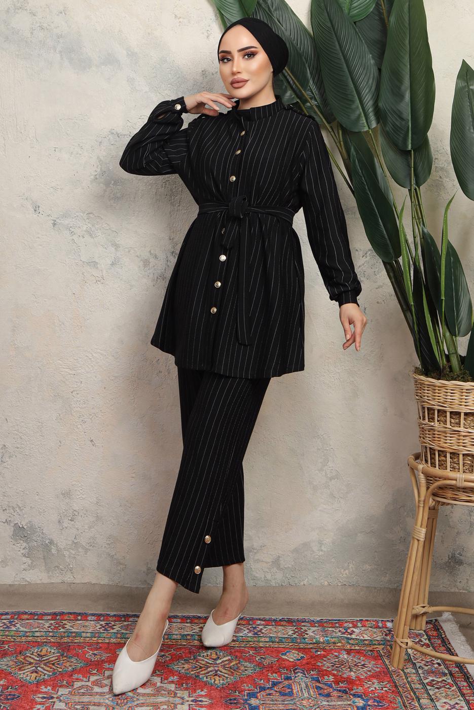 Tesettür giyim SİYAH KUŞAKLI ÇİZGİLİ PANTOLONLU TAKIM T 1643