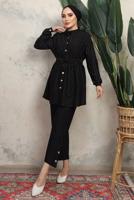 Tesettür giyim SİYAH KUŞAKLI ÇİZGİLİ PANTOLONLU TAKIM T 1643